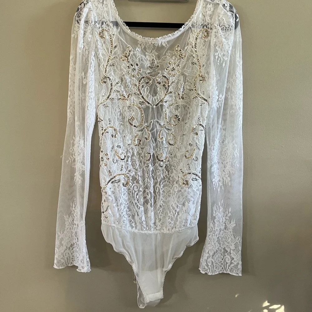 Free People - Intimately  - Ready to Party Lace Bodysuit White Long Sleeve Small